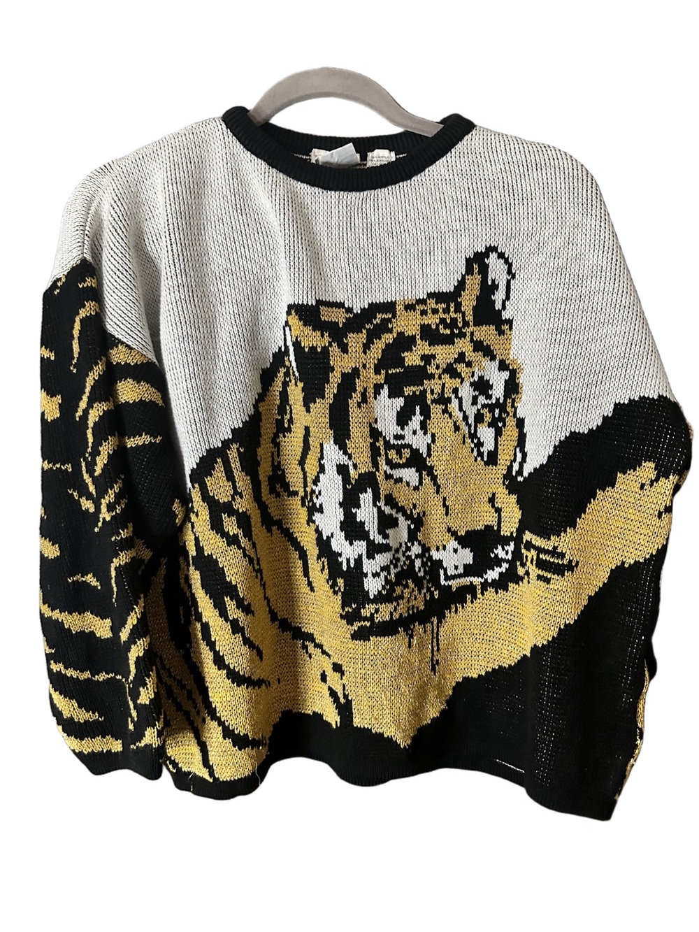 Maxima Tiger Intarsia Crewneck Sweater Black Gold & Cream Metallic Size Medium